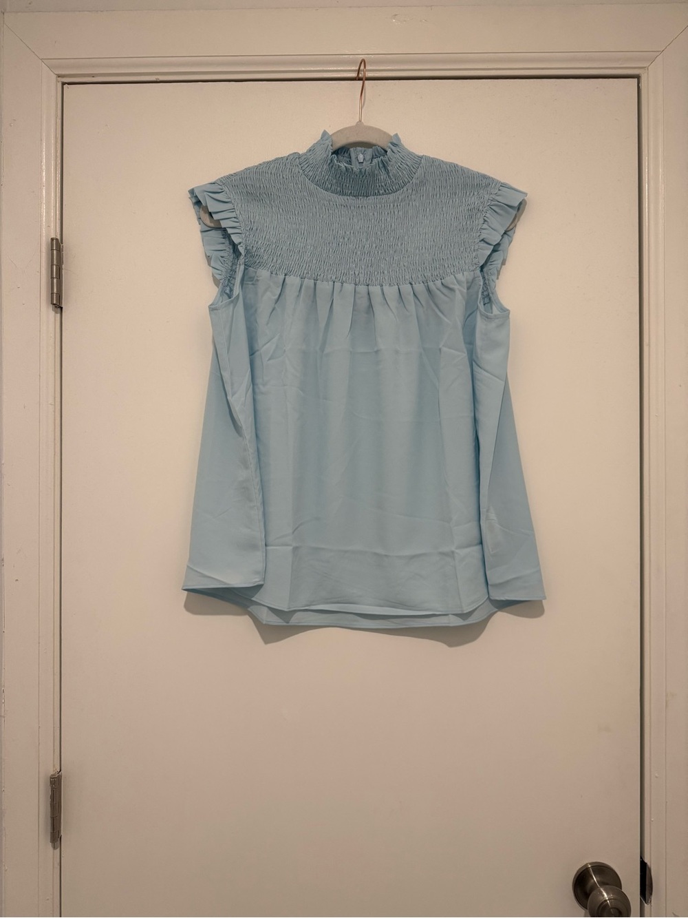 NWT French Connection Light Blue Smocked Ruffle-Neck Sleeveless Blouse